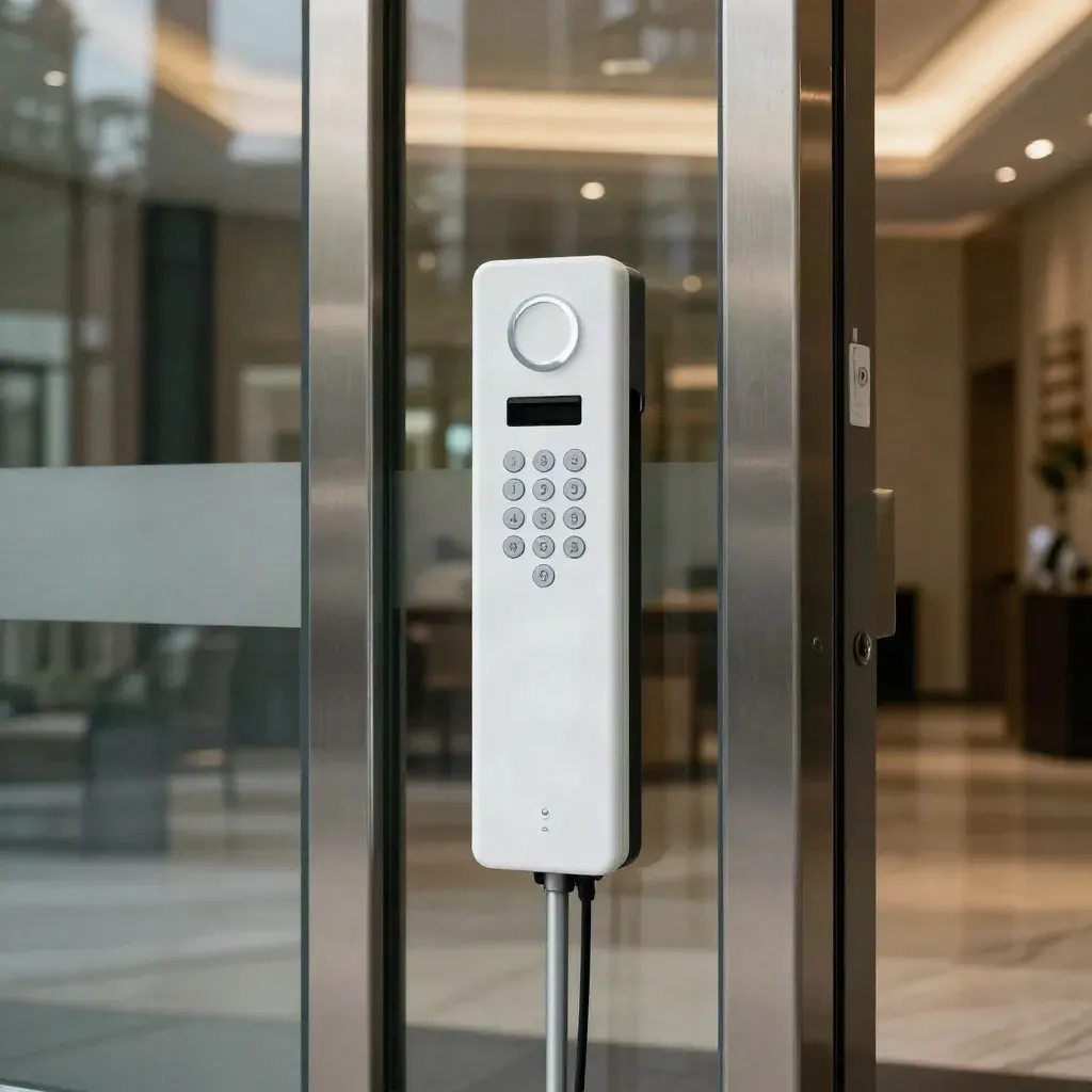 Condo entry access control pedestal with keypad, mullion reader, and glowing white indicator ring.