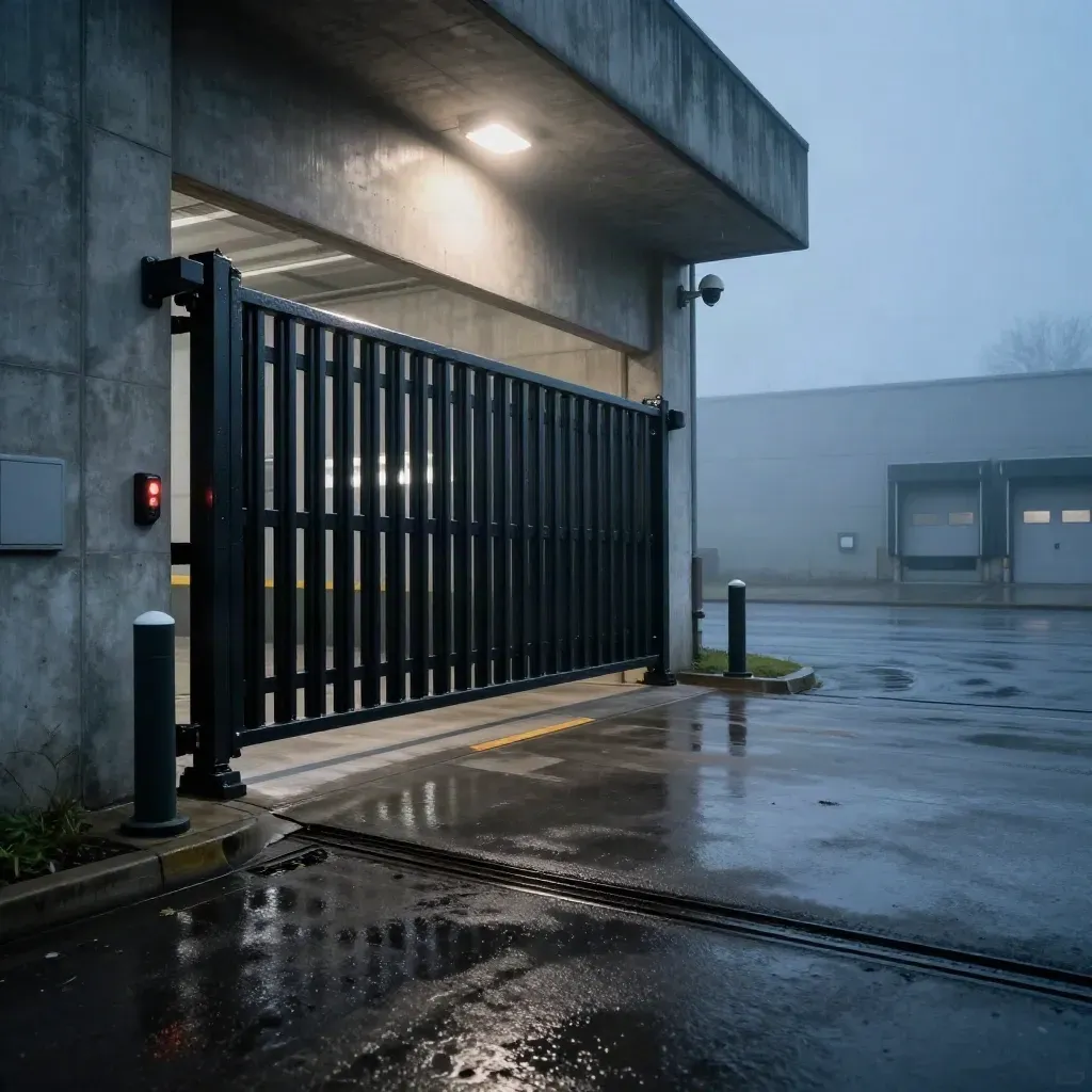 Blue-hour warehouse gate opening with CCTV, bollards, wet concrete, and mist.