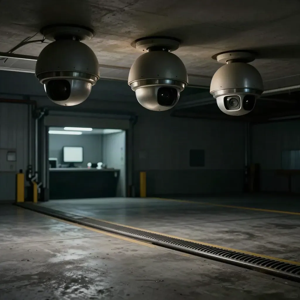Three CCTV domes watch an empty loading bay in a dark, hazy industrial scene.