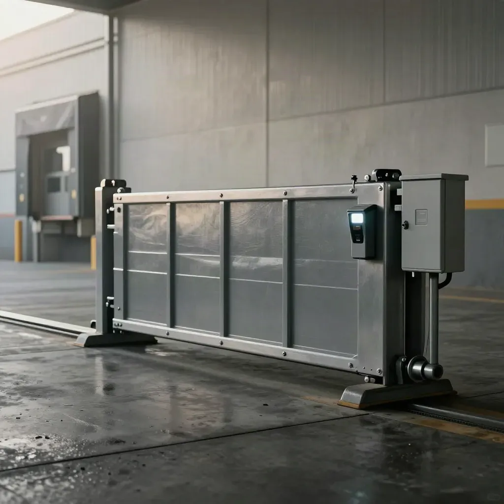 Warehouse sliding gate, card reader, and bollards at a misty controlled entry lane.