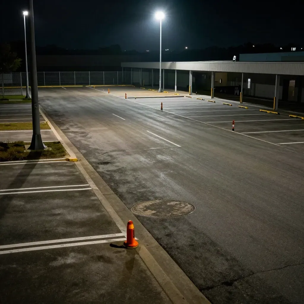 Empty parking lot at night with floodlight, CCTV poles, and inspection curbs under cool haze.