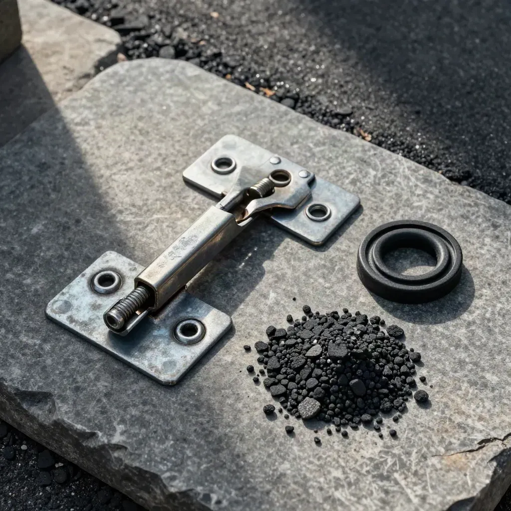 Overhead gate hinge, clamp, gasket, and asphalt aggregate arranged on a stone slab.