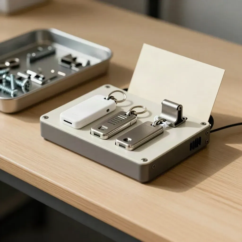 RFID fobs, control module, bracket, cable ties, and parts tray on pale wood with soft side light