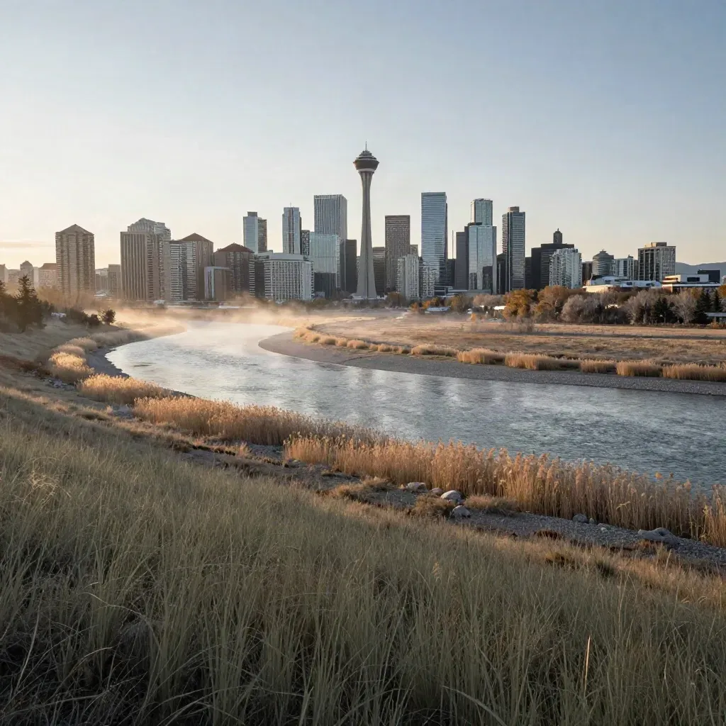 Calgary skyline above the Bow River with sunrise haze and open prairie foreground