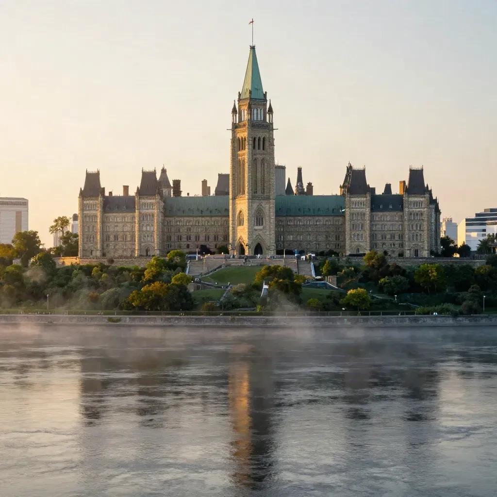 Parliament Hill above the misty Ottawa River at sunset, calm water and treeline below